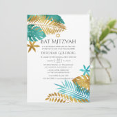 Invitation Turquoise et Gold Tropical Beach Bat mitzvah (Debout devant)