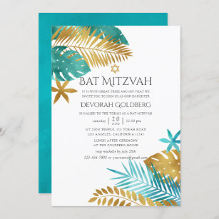 Invitation Turquoise et Gold Tropical Beach Bat mitzvah