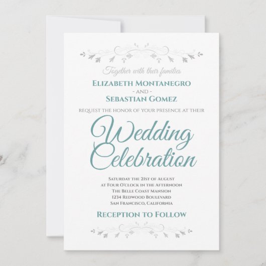 Invitation Turquoise et gris Simple Elégant Mariage Invitatio (Devant)