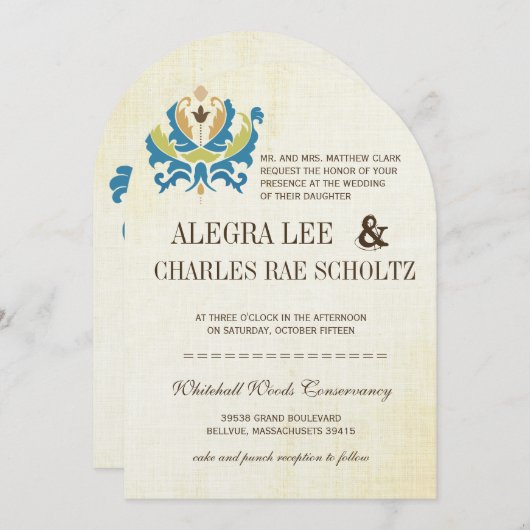 Invitation turquoise et Lime Damask Modern Chalkbo (Devant / Derrière)