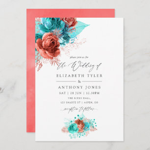 Invitation Turquoise et Mariage Floral de corail vivant
