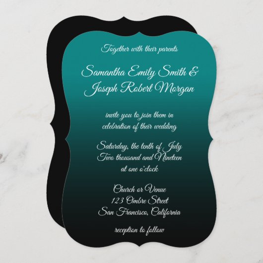Invitation Turquoise et noir Ombre Elegant Mariage de calligr (Devant / Derrière)