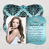 Invitation Turquoise et noire Princesse Tiara Sweet 16 Annive (Devant / Derrière)