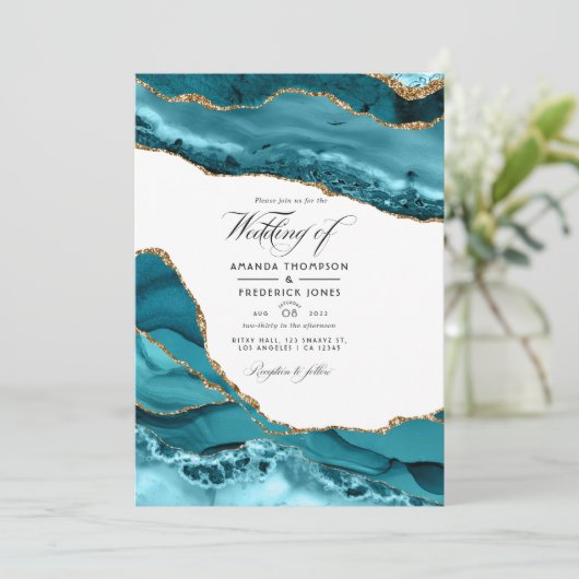 Invitation Turquoise et or Agate Pierre Mariage Photo (Debout devant)