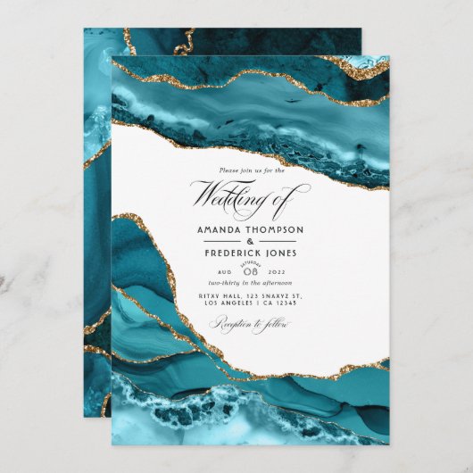 Invitation Turquoise et or Agate Pierre Mariage Photo (Devant / Derrière)