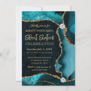 Invitation Turquoise et Or Fausse Agate Pailletée Sweet 16