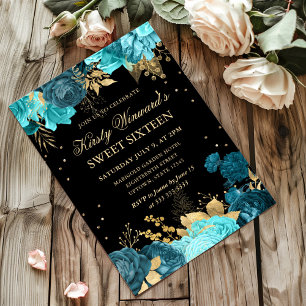 Invitation Turquoise et or Rose Sweet sixteen Floral