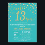 Invitation Turquoise et or Surprise 13e Anniversaire Diamant<br><div class="desc">Invitation surprise 13e anniversaire avec Arrière - plan diamant Parties scintillant Turquoise et or. Confetti d'or. Anniversaire enfant. Ado Adolescent fille Anniversaire dame. Pour plus de personnalisation,  cliquez sur le bouton "Customiser" et utilisez notre outil de conception pour modifier ce modèle.</div>