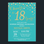 Invitation Turquoise et or Surprise 18e Anniversaire Diamant<br><div class="desc">Invitation surprise 18e anniversaire avec Arrière - plan diamant Parties scintillant Turquoise et or. Confetti d'or. Anniversaire adulte. Hommes ou Femmes Anniversaire. Pour plus de personnalisation,  cliquez sur le bouton "Customiser" et utilisez notre outil de conception pour modifier ce modèle.</div>