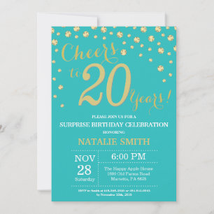 Invitation Turquoise et or Surprise 20e Anniversaire Diamant