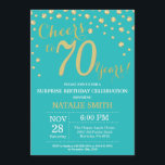 Invitation Turquoise et or Surprise 70e Anniversaire Diamant<br><div class="desc">Surprise 70e anniversaire Invitation avec Turquoise et Parties scintillant or Arrière - plan diamant. Confetti d'or. Anniversaire adulte. Hommes ou Femmes Anniversaire. Pour plus de personnalisation,  cliquez sur le bouton "Customiser" et utilisez notre outil de conception pour modifier ce modèle.</div>