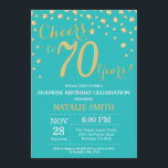 Invitation Turquoise et or Surprise 70e Anniversaire Diamant<br><div class="desc">Surprise 70e anniversaire Invitation avec Turquoise et Parties scintillant or Arrière - plan diamant. Confetti d'or. Anniversaire adulte. Hommes ou Femmes Anniversaire. Pour plus de personnalisation,  cliquez sur le bouton "Customiser" et utilisez notre outil de conception pour modifier ce modèle.</div>