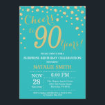 Invitation Turquoise et or Surprise 90e Anniversaire Diamant<br><div class="desc">Invitation surprise 90e anniversaire avec Arrière - plan diamant Parties scintillant Turquoise et or. Confetti d'or. Anniversaire adulte. Hommes ou Femmes Anniversaire. Pour plus de personnalisation,  cliquez sur le bouton "Customiser" et utilisez notre outil de conception pour modifier ce modèle.</div>