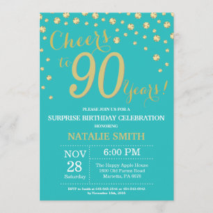Invitation Turquoise et or Surprise 90e Anniversaire Diamant