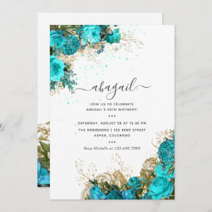 Invitation Turquoise et or Vintage Shabby Floral Anniversaire