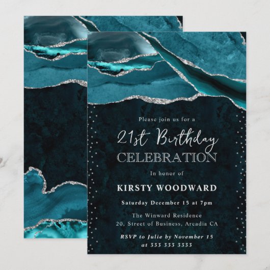 Invitation Turquoise et Paillettes d'Argent Agate 21e Anniver (Devant / Derrière)
