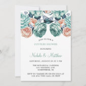 Invitation Turquoise et Pêcher Rose Couples Douche (Devant)