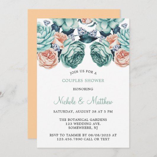 Invitation Turquoise et Pêcher Rose Couples Douche (Devant / Derrière)