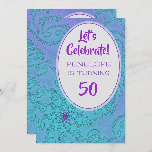 Invitation Turquoise et Plum fractal motif floral 50e anniver (Devant / Derrière)