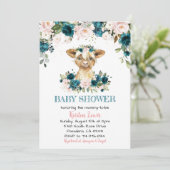 Invitation Turquoise et rose Baby shower de vache Floral High (Debout devant)