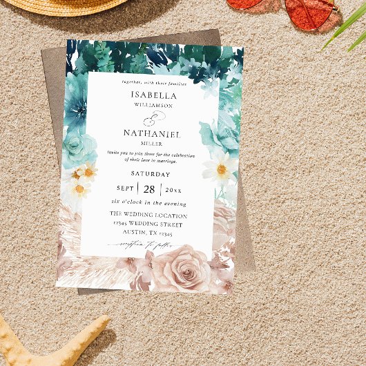 Invitation Turquoise et rose pâle Mariage floral 2