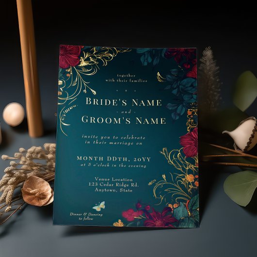 Invitation turquoise et rouge à huile florale à bi