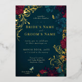 Invitation turquoise et rouge à huile florale à bi (Recto)