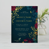 Invitation turquoise et rouge à huile florale à bi (Debout devant)