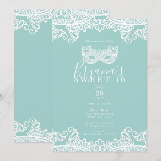 Invitation Turquoise et Vert Turquoise Dentelle Bal Masqué Fê (Devant / Derrière)