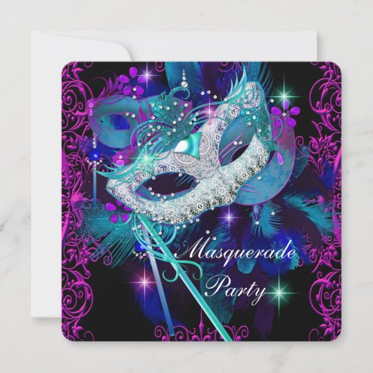 Invitation Turquoise et violette masquerade bal (Devant)