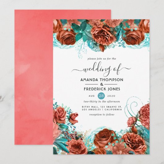 Invitation Turquoise et Vivant Coral Rustique Floral Mariage (Devant / Derrière)