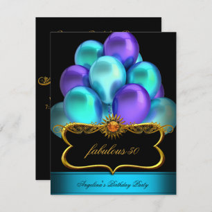Invitation Turquoise Fabrique Black Gold Balloons fête d'anni
