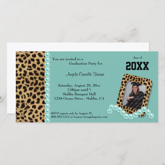 Invitation turquoise Faux Leopard Et Perles Corres (Devant / Derrière)