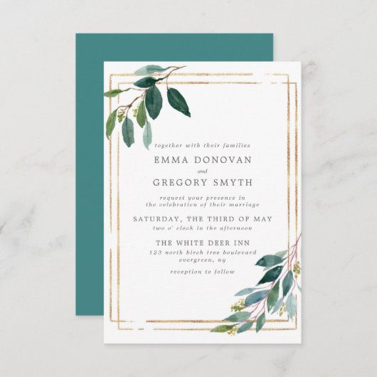 Invitation Turquoise Feuille Gold Frame Botanical Green Maria (Devant / Derrière)