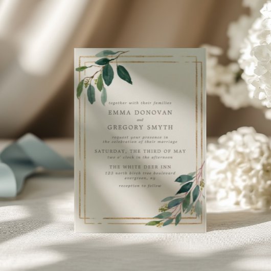 Invitation Turquoise Feuille Gold Frame Botanical Green Maria