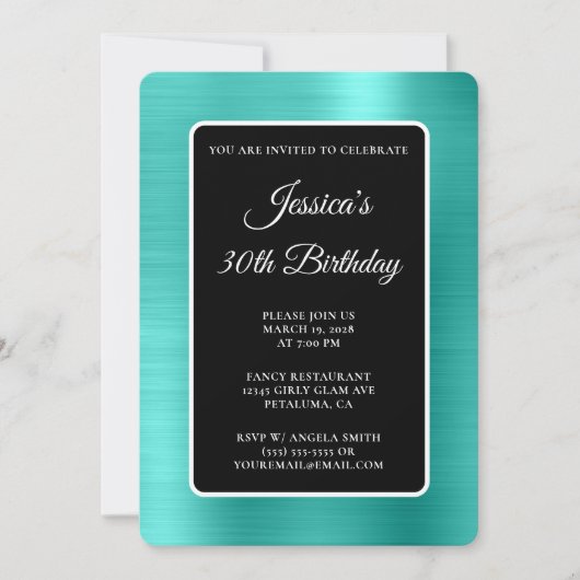 Invitation Turquoise Feuille Noir et Blanc 30e Anniversaire (Devant)