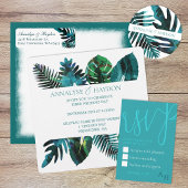Invitation Turquoise Feuille verte Monstera Mariage Feuille