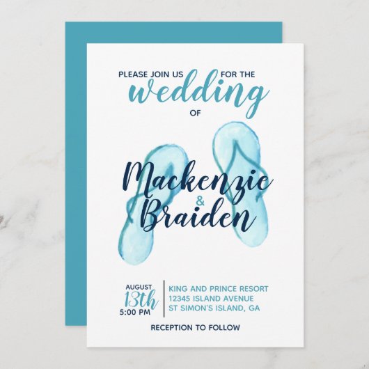 Invitation Turquoise Flip Flops Beach Wedding (Devant / Derrière)