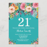 Invitation Turquoise Floral 21e anniversaire<br><div class="desc">Invitation Turquoise Floral 21e anniversaire pour les femmes. Fleur florale aquarelle. Arrière - plan Turquoise Aqua Turquoise. Rose, Jaune, Orange, Fleur Violet. Anniversaire adulte. 13e 15e 16e 18e 20e 21e 30e 40e 50e 60e 70e 80e 90e 100e, n'importe quel âge. Pour plus de personnalisation, cliquez sur le bouton "Customiser" et...</div>