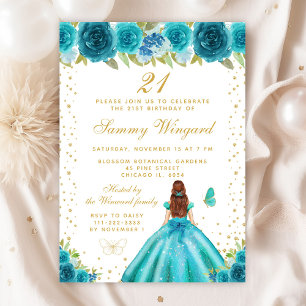 Invitation Turquoise Floral Brown Cheveux Princesse Anniversa
