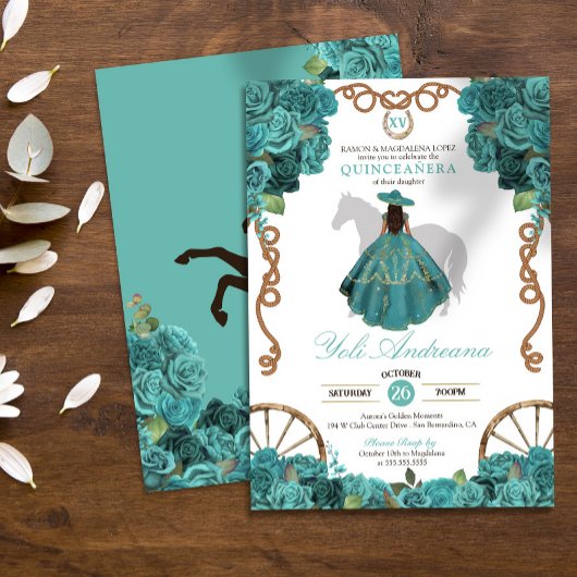 Invitation Turquoise Floral Charro Ranch Ouest Quinceanera