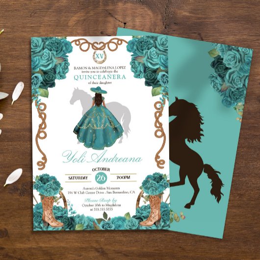 Invitation Turquoise Floral Charro Vestidos Quinceanera