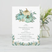 Invitation Turquoise Floral Citrouille Thanksgiving Dîner (Debout devant)