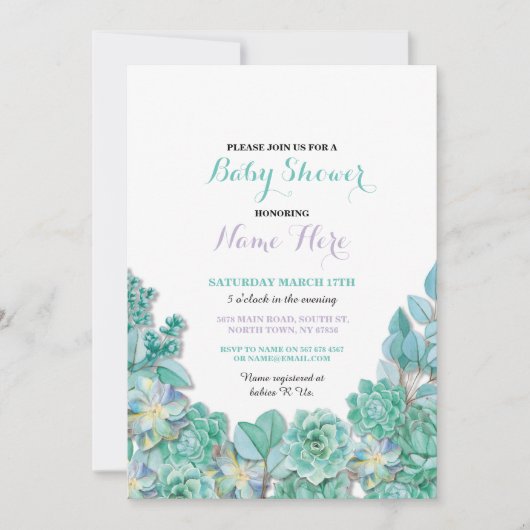 Invitation turquoise floral de Succulents de (Devant)