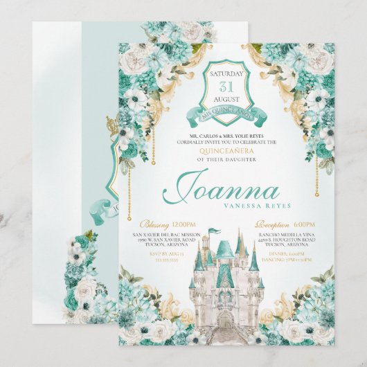 Invitation Turquoise Floral Royal Castle Princesse Quinceaner (Devant / Derrière)