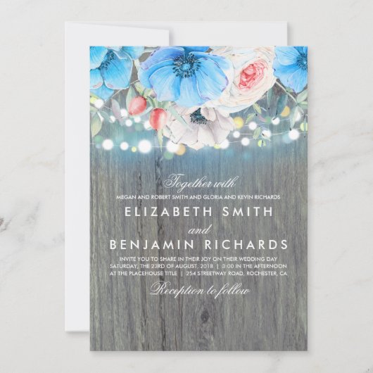 Invitation Turquoise Floral Rustic String Mariage (Devant)