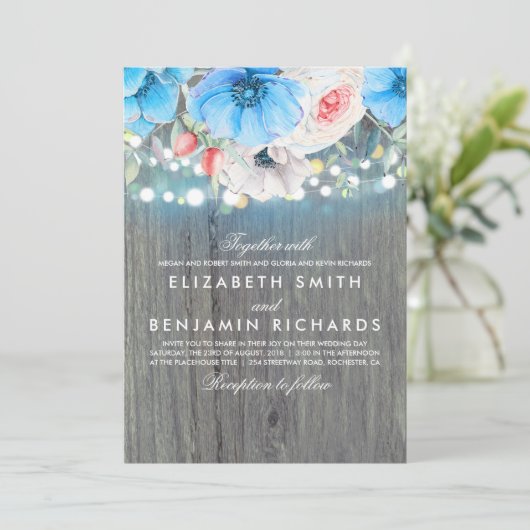 Invitation Turquoise Floral Rustic String Mariage (Debout devant)