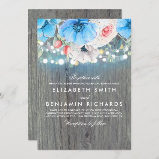 Invitation Turquoise Floral Rustic String Mariage (Devant / Derrière)