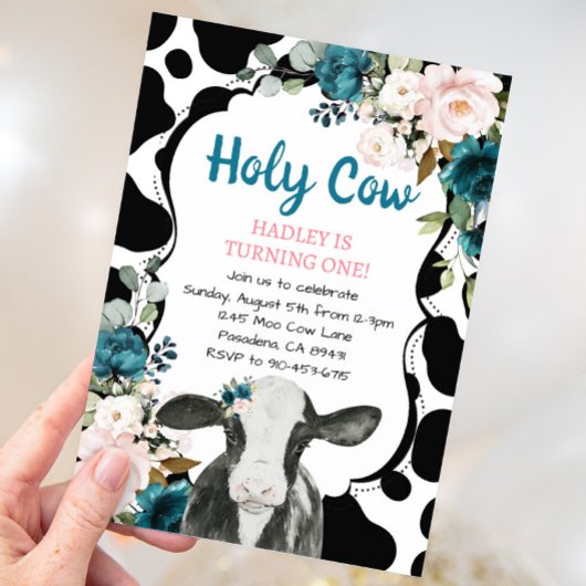 Invitation Turquoise Floral Saint Vache Je suis un premier an