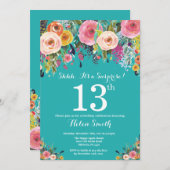 Invitation Turquoise Floral Surprise 13e anniversaire Invitat (Devant / Derrière)